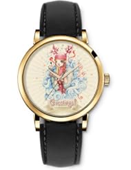 SPRAWL Aanalog Fashion Series Gold Ladies Watches of Genuine Black Leather Strap,Unique Wrist Watch for Women Girls Designed with Cute girl with horns