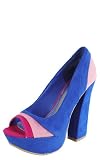 Nanette05 Retro Heel Peep Toe Colorblock Pumps BLUE