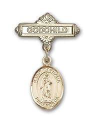 14kt Gold Baby Badge with St. Barbara Charm and Godchild Badge Pin. Catholic Saint Barbara Patron Saint of Architects, Artillerymen, Builders, Fire Prevention, Miners, Thunder-storms, Storms & Lightening, Stone Masons, Brass Workers, Ammunition Workers, Artillery & Gunners, , Fireworks, Sudden Death