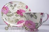 Fine English Bone China Teacup and Saucer Calico Rose