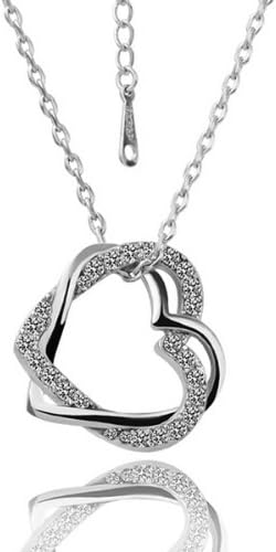 Old Rubin Original Fashion Ladies/Womens's jewelry Gift 18K White Gold Plated Chain Necklace 925 Sterling SILVER Double Heart shaped Crystal Pendant with rhinestone - 18 inch length adjustable - With a lobster claw clasp - Best for Valentine Gift, Birthday Present, Christmas Gift
