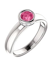 10K White Gold 5.00mm Round Cut Pink Tourmaline and Diamond Ring -- LIFETIME WARRANTY