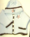 Knitted on Hand Knitting Machine Blue Cotton Hand Crochet Finished with Dark Brown Chenille Infant Boys Cardigan Hat Set