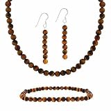 Sterling Silver 4mm Genuine Tiger Eye Stone Bead Beaded Dangle Hook Earrings Stretch Bracelet Necklace 15-19'' Jewelry Set