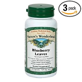Nature's Wonderland Blueberry Leaves Herbal Supplement Capsules, 525 mg, 60-Count Bottles (Pack of 3)