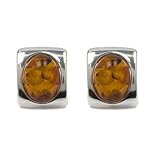 Sterling Silver Honey Amber Oval Gemstone Square Stud Earrings