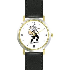 Singer with Guitar Imitating A Famous Rock & Roll Star (Cartoon) - WATCHBUDDY� DELUXE TWO-TONE THEME WATCH - Arabic Numbers - Black Leather Strap-Size-Children's Size-Small ( Boy's Size & Girl's Size )