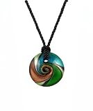 Necklace - N439 - Round Murano Glass ~ Green, Teal, Copper and Silver hung on Triple Strand Twisted Black Satin / Silk Cord + 2 Extension Chain (17)