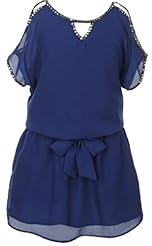 Girls Knee Length  Belted Slit Chiffon  Dress With Rhinestones