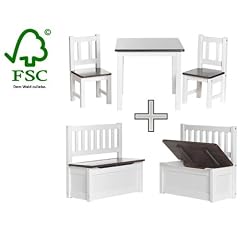 Kindersitzgruppe Kinderm�bel Sitzgruppe 1 Tisch + 2 St�hle Kolonial+ Kindertruhenbank Kinderbank Truhenbank in Wei�lack inkl. Spielzeugkiste Stauraum f�r die Spielsachen Nila