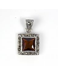 Sterling Silver Marcasite Garnet CZ Pendant Vintage Cute Charm Pure 925 New 21mm with 0.8mm Snake Chain