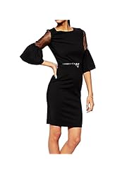 Belted Sheer Knee Length Bateau Neck Bell Sleeves Bodycon Dress/Little Black Dress/Midi Dress 