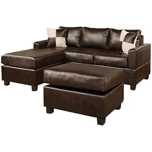 Bobkona Jr. Soft-touch 3-pcs Sectional Set (Sofa, Loveset and Ottoman with Storage) Bounded Leather Match in Espresso Color - F7331