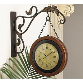 Etched in Time Dark Walnut Finish Wood Wall Hanging Train Station Clock Complete with Leaf Scroll Design Wall Hanger