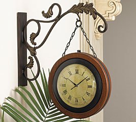 Etched in Time Dark Walnut Finish Wood Wall Hanging Train Station Clock Complete with Leaf Scroll Design Wall Hanger