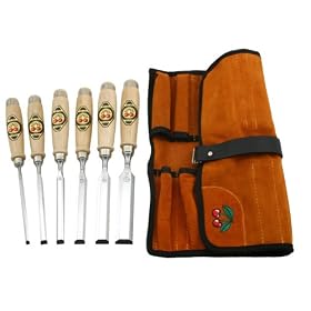 Click here to buy Two Cherries 500-1575 6-Piece Chisel Set with Custom Leather Roll by Robert Larson Company.