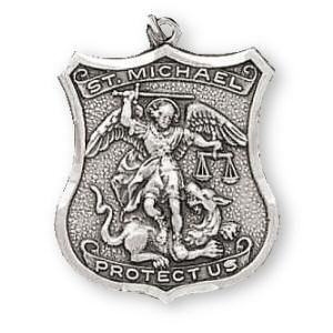 Sterling Silver St Michael Badge Medal and 24-inch Chain