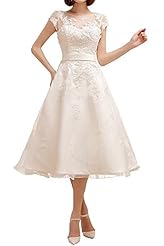 Sexy Open-Back Jeweled Lace Sweetheart Cap Sleeves Tea Length   Ball Gown  Dress