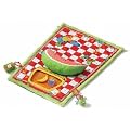 red and white checkered play mat with watermelon pillow