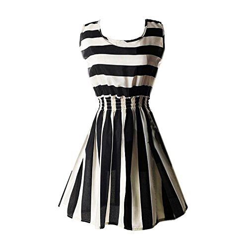 Hee Grand Women's Casual Summer Fit and Flare Floral Sleeveless Dress Chinese Stripe