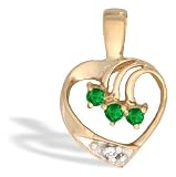 14K Yellow Gold Genuine Round Emerald and Diamond Heart Pendant