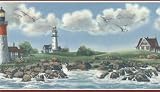 Maroon Lighthouses Wallpaper Border