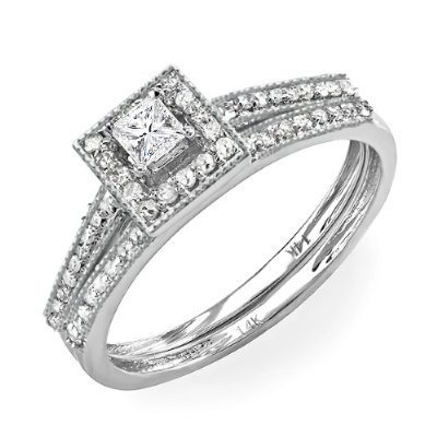 0.50 Carat (ctw) 14k White Gold Round & Princess Diamond Ladies Bridal Ring Engagement Set