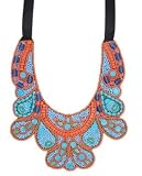 ZAD Large and Funky Blue and Orange Glass Beaded Bib Tribal Necklace on Black Ribbons to Adjust the Length - AS SEEN IN SEVENTEEN MAGAZINE!!
