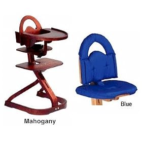 Svan High Chairs from Scandinavian Child with Infant Kit and Cushion, Blue Cushion with Mahogany Wood