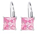 Platinum Overlay Sterling Silver 6mm Princess Cut Pink Cubic Zirconia Lever Back Earrings