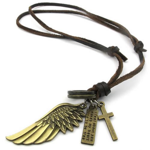 Cord cord Leather Brown Wing pendant  Chain, Angel Cross on Necklace cross Gold Pendant leather