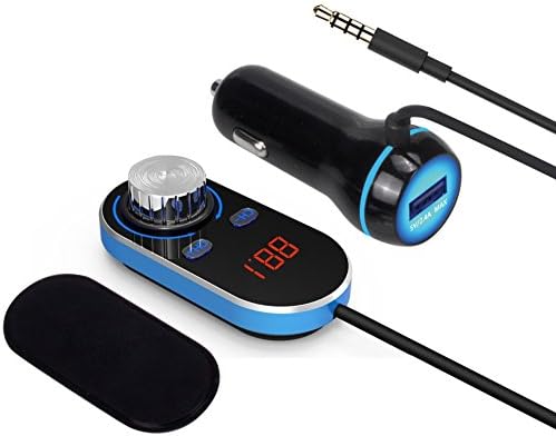 FM Transmitter HAOGOODS Car Kit with 3.5mm Input and Car Charger; Compatible with all your Mobile Audio Devices( including iPhone 6s, Samsung Galaxy S7 ,etc..).--Blue