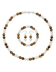 .925 Sterling Silver Freshwater Pearl and Tiger Eye Necklace, Bracelet and Earring Set, Free Shipping and Gift Box