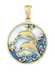 14k Gold Necklace Charm Pendant, Double Dolphins & Blue Stained Glass In Circle