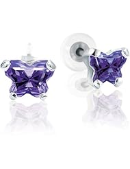 Bfly® Girls 10k Gold February Birthstone Butterfly CZ Earrings with Safety Backs