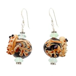 Tree Frog Lampwork Dangle Earrings with Fluorite Gemstone Bead Accents with Sterling Silver, #7490