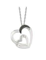 18" 1.1mm (0.04") Rhodium Plated Polished Cable Chain w/ .03ctw Black & White Diamond Small & Large Open Heart Pendant 925 Sterling Silver