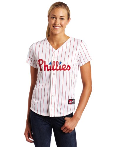 MLB Women's Philadelphia Phillies Shane Victorino White/Scarlet Pinstrp Short Sleeve 5 Button Synthetic Replica Baseball Jersey Spring 2012  (White/Scarlet Pinstrp, Large)