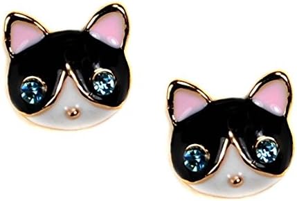 Adorable Tuxedo Kitty Cat Black White Face Blue Rhinestone Fish Ear Stud Earrings