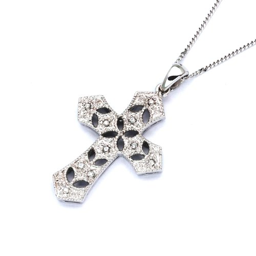 9ct White Gold 0.06 Ct Diamond Filigree Cross Pendant 18 Chain