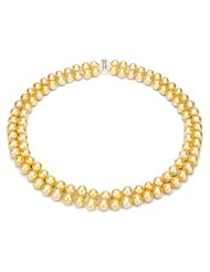 Sterling Silver 2 Rows 8-9mm Golden Cultured Freshwater Pearl High Luster Necklace 17"-18" Length.