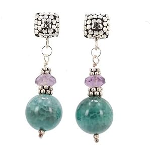 Teal Blue Agate and Amethyst Gemstone Dangle Earrings on a Square Sterling Silver Decorative Post, #7486