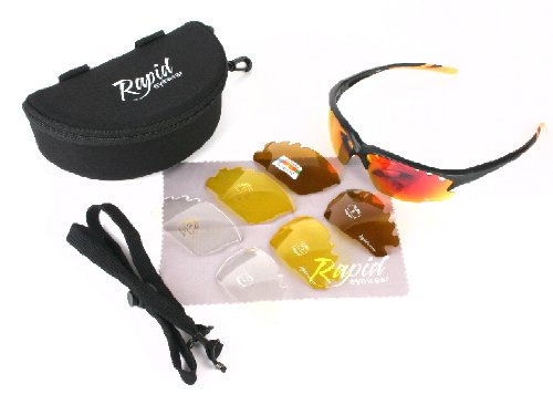 Expert Black CYCLING SUNGLASSES - INTERCHANGEABLE Vented Red, POLARISED, Clear & Light Enhancing Lenses. Also for Running, Sailing, Shooting, Climbing. For Men and Women. UV400 Protection