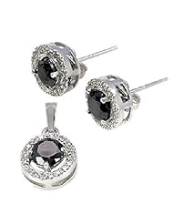 Sterling Silver 10mm Halo Jacket with 6mm Black Ice on Fire Diamond CZ Gemstone Cast Basket Stud Earring with Matching Pendant Gift Set, Lauren, 2.55 carats