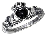 Sterling Silver Jet Heart Claddagh Ring
