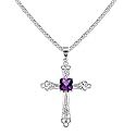 14k White Gold Clover Shaped Amethyst and Diamond Cross Pendant with Chain