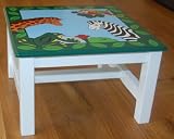 White Handmade Wooden Children's Step Stool with seat handpainted with jungle animals