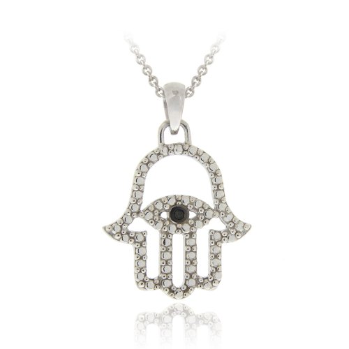Sterling Silver Black Diamond Accent Hamsa-Evil Eye Pendant