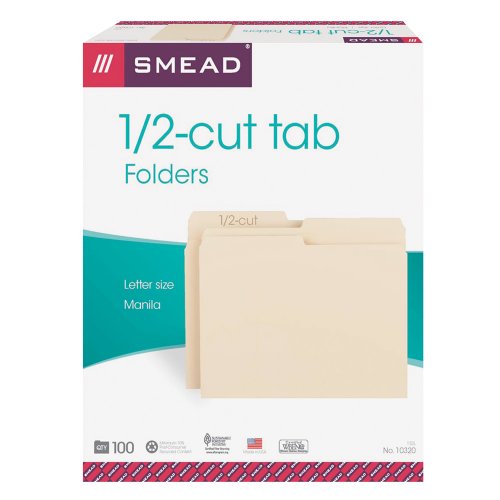 Smead Folder, Letter Size, 11 Point, 1/2 Cut Tab, Manila, 100 Per Box (10320)