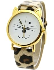 Lovely Cat Face Shape Dial Alloy Faux Leather Watch Leopard